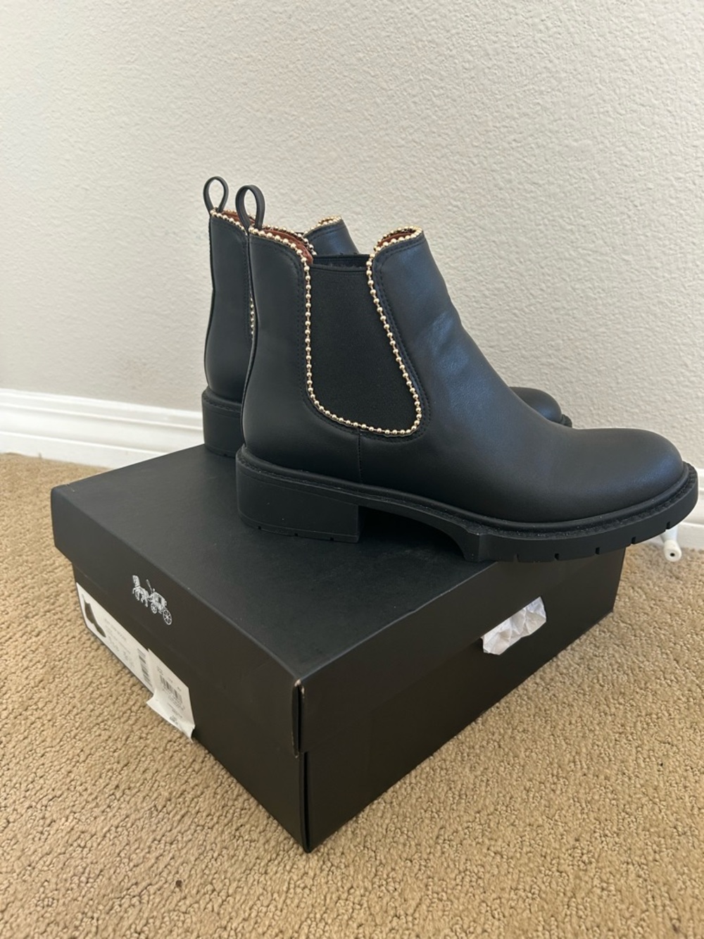 COACH Black Chelsea Boots with Gold Trim - Picture 2 of 4